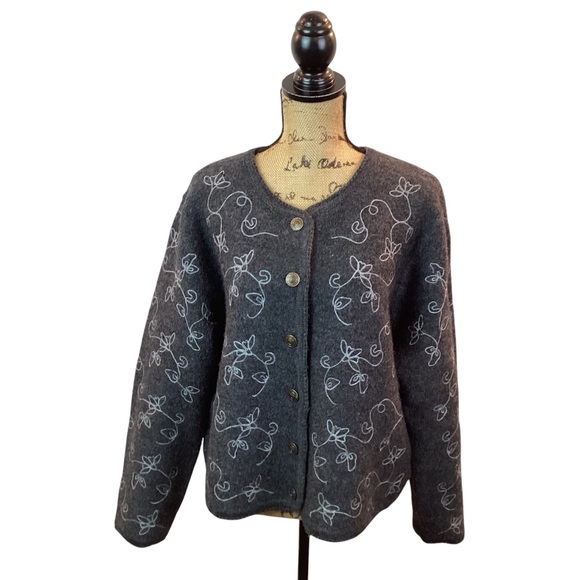 Vintage Tally-Ho XL Wool Floral Stitching Button Cardigan Sweater Gray - Picture 11 of 11